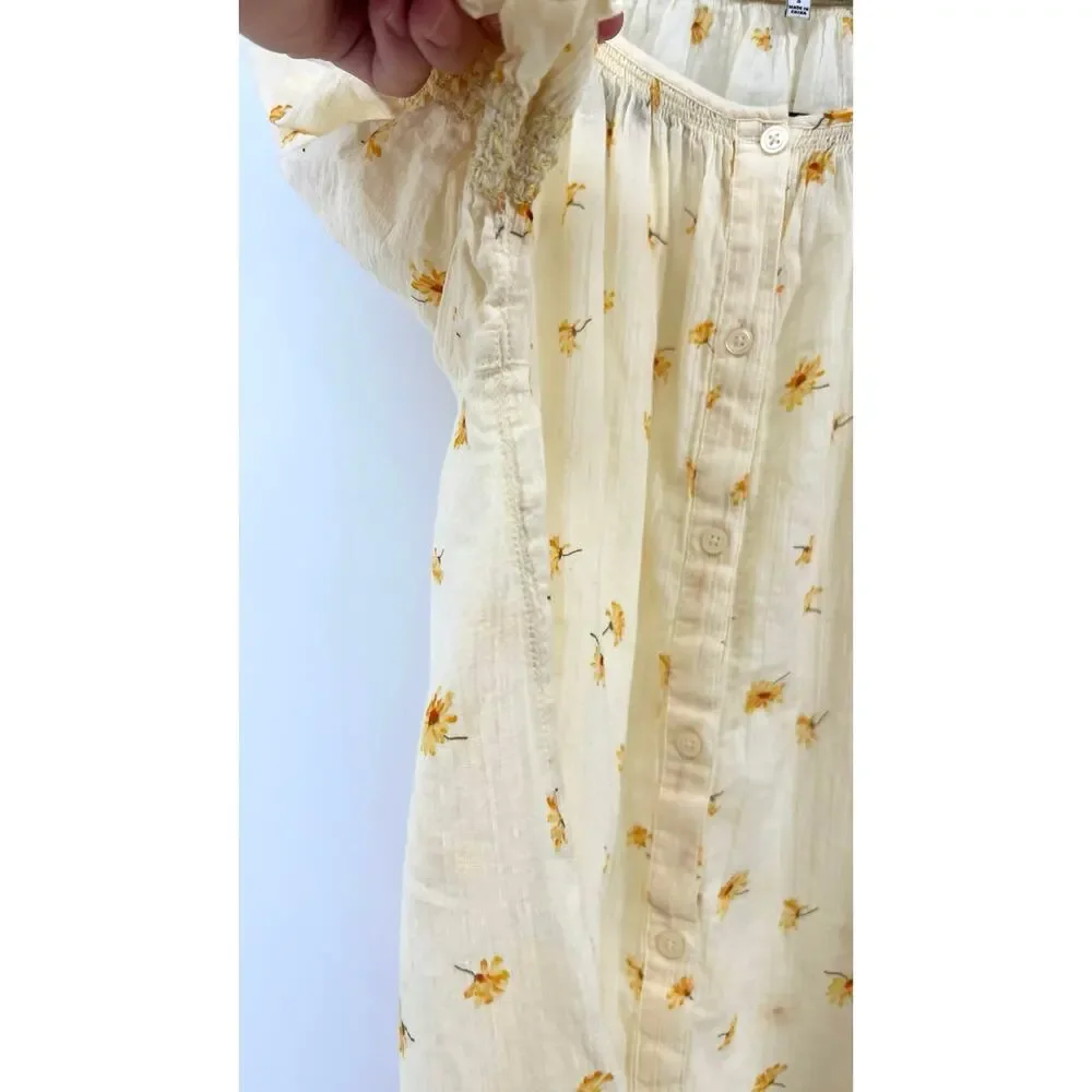 Madewell French Daisies Smocked Cotton Button Up Peasant Top Blouse Size S